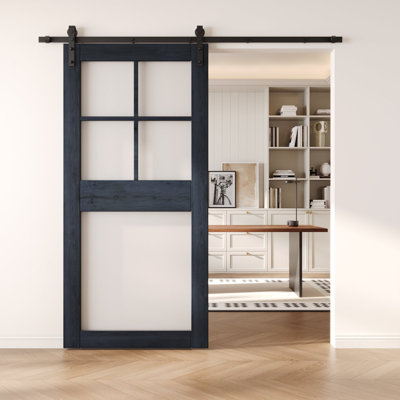 32x84 Navy Color 5-Lite Frosted Glass Design Finished Unassembled Solid Wood Sliding Barn Door Only