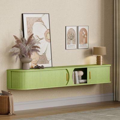 Meuble télé 71 po avec portes tambour coulissantes, console multimédia murale avec rangement et lumières RVB pour téléviseurs de 80 po ou moins
