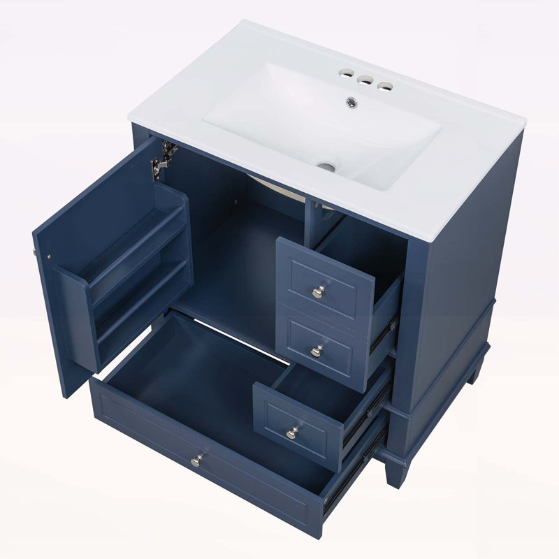 Bathroom Vanity with Sink,One Door with Shelf and Three Drawers, Blue