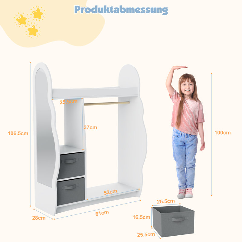 Kids Dress-Up Wardrobe with Child-Sized Mirror, Open Hanging Rail, Shelves & Drawers, White/Gray