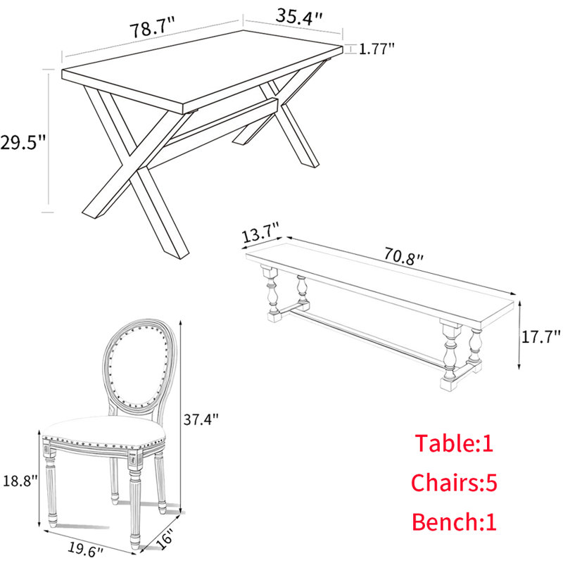 American Style Solid Wood Rectangular Dining Table, 29.5"H x 78.7"L x 35.4"W, 7 Pieces: Table, Bench, 5 Chairs