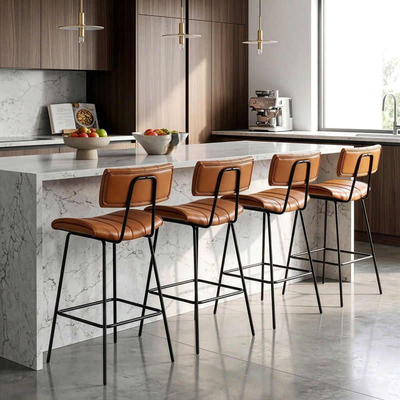 Set of 2 Palgrave Bar Stool with Black Metal Legs, Brown, Counter Stool (25.60" Seat Height)