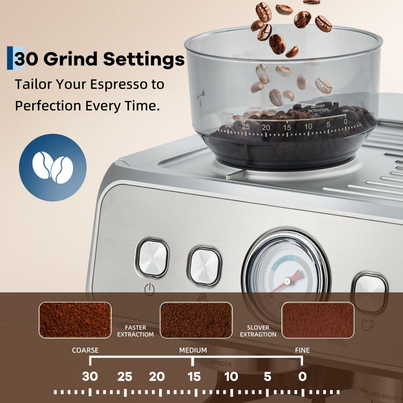 20 Bar Espresso Machine with Built-in Grinder – Stainless Steel Coffee Maker with 2.8L Removable Water Tank, Adjustable Shot Volume & Milk Frother Steam Wand for Latte & Cappuccino – Home & Office Use (Silver)