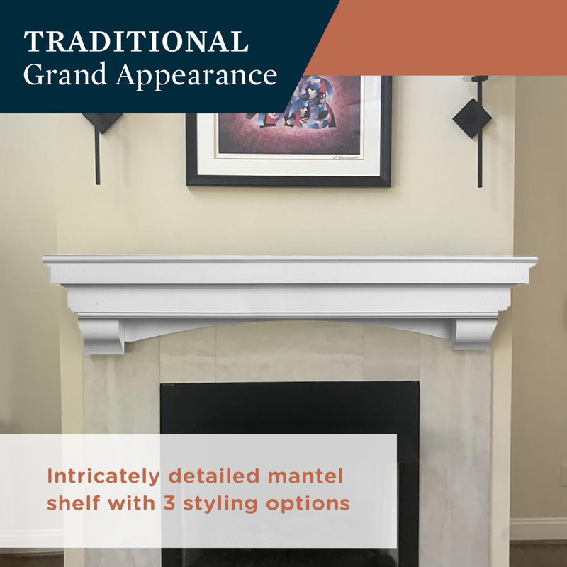 Salem 60" Floating Pine Wood Fireplace Mantel Shelf with Arched Corbels - White Finish, White, 60" Length