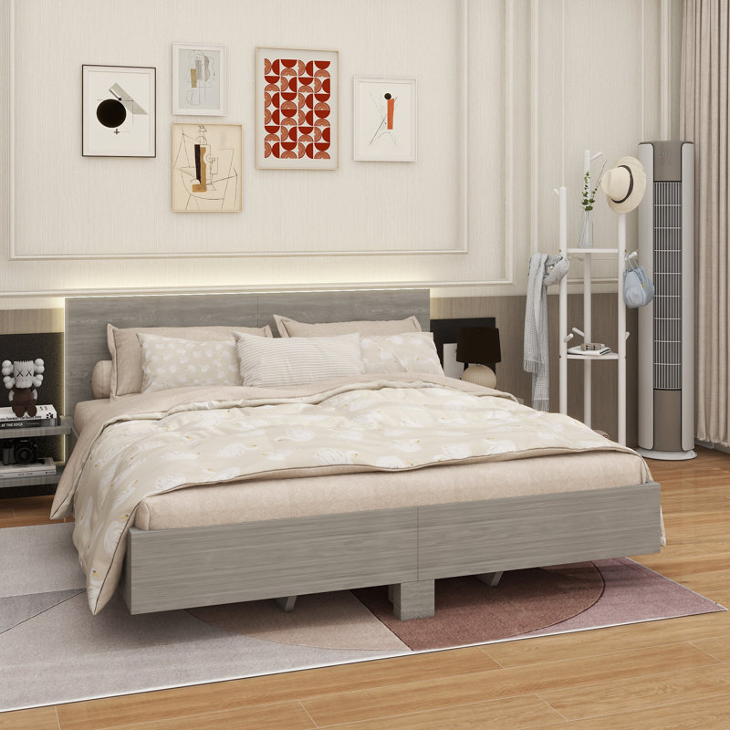 Lit plateforme flottant en bois avec lumières DEL et table de chevet, Gris, Très grand lit