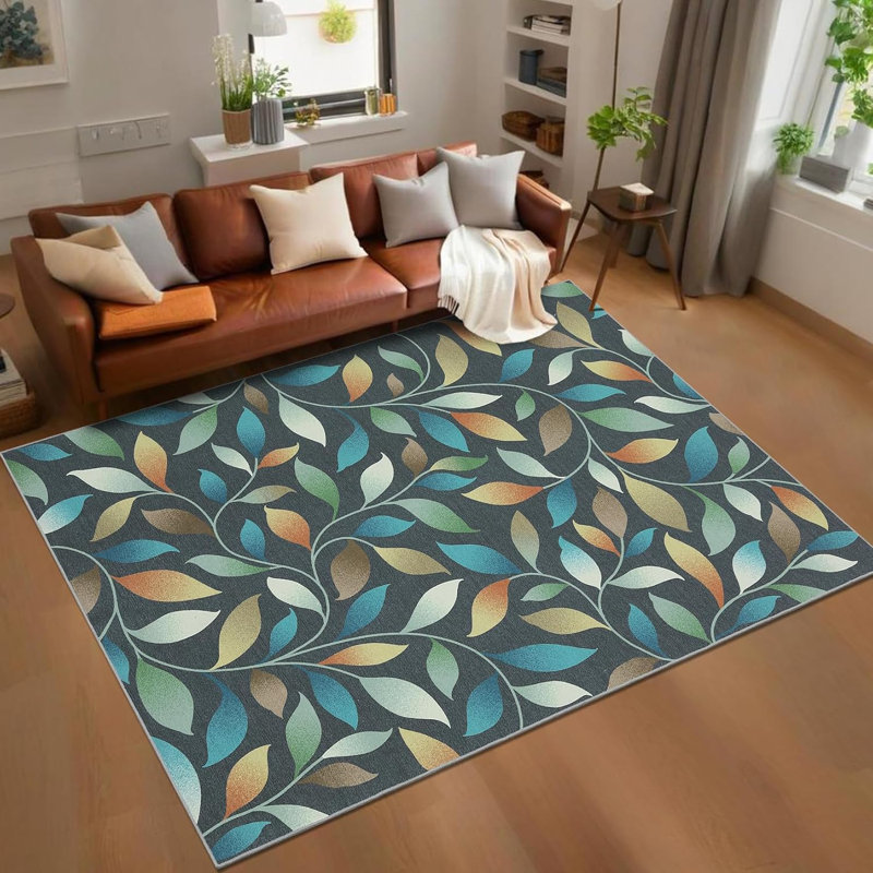 5x7 Washable Modern Botanical Rug Non-Slip Low Pile Leaf Pattern Foldable Stain Resistant Indoor Carpet Dining Room Red