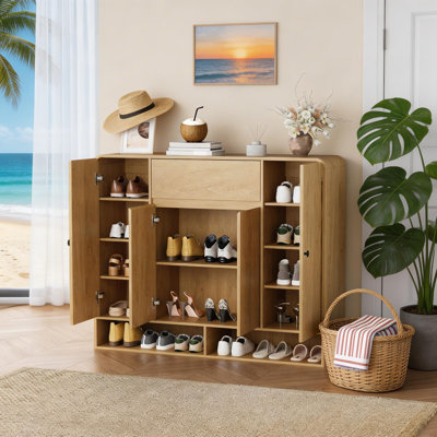 47.2 in Shoe Storage Cabinet with Adjustable Shelves, 4 Doors & Bottom Shelf, Freestanding Entryway Organizer with Rounded Corner, Narrow Shoe Cabinet for Hallway, Living Room.