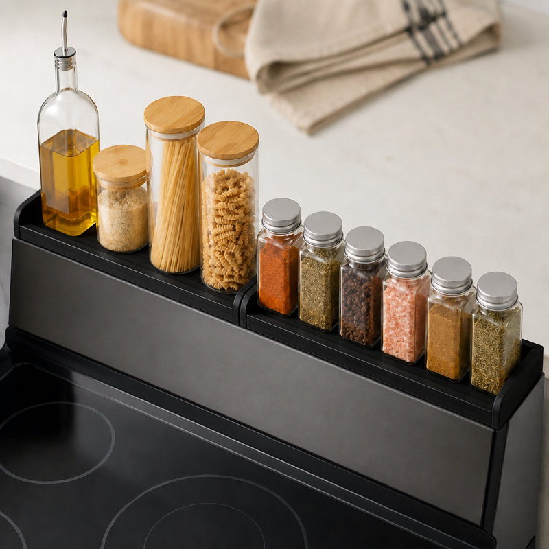 Magnetic Bamboo Kitchen Stove Shelf Organizer, Wide Spice Rack for Flat Top Stove & Kitchen Storage, Black