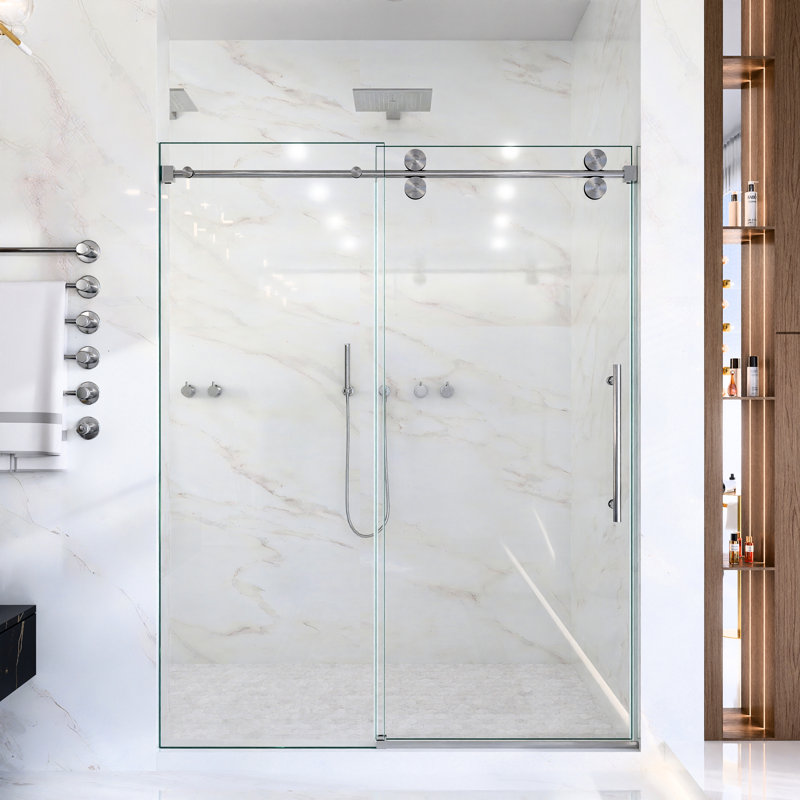 Porte de douche coulissante simple en verre trempé transparent de 5/16 po 8 mm, largeur de 56 à 60 po et hauteur de 72 po, conception en dérivation, finition nickel brossé, 304 rouleaux, système de détachement, rail rond, double étanchéité,