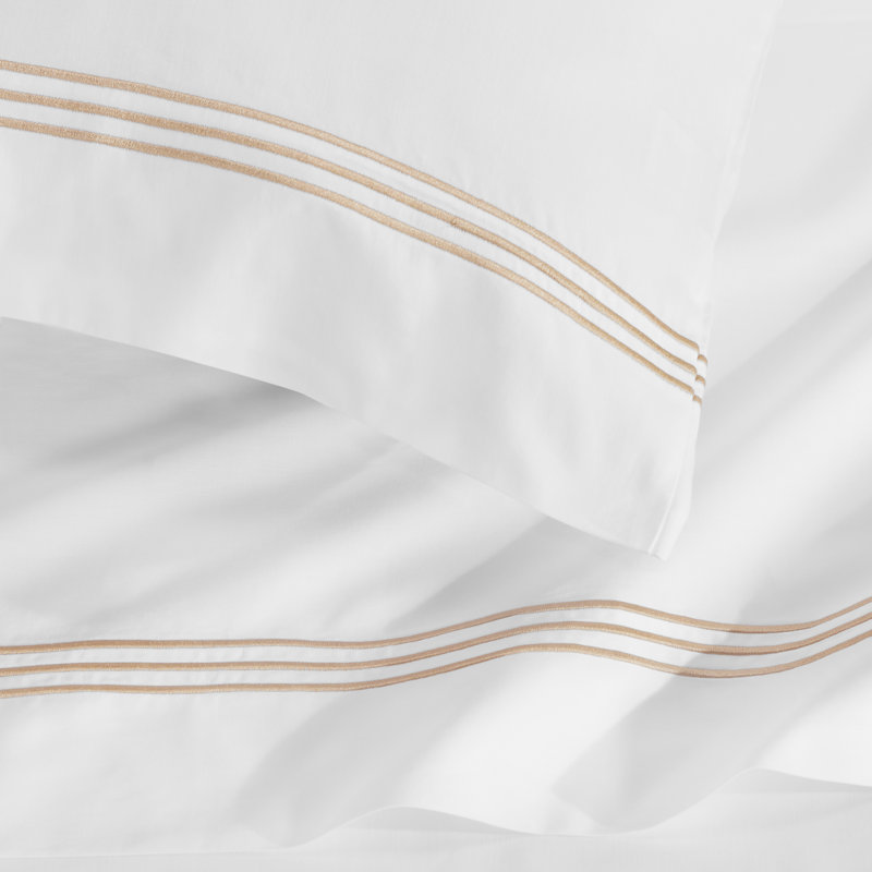 Brandon Cotton Three-Line Embroidered Deep Pocket Bed Sheet Set by Superior, Twin XL Sheet Set with 1 Pillowcase, White/Gold