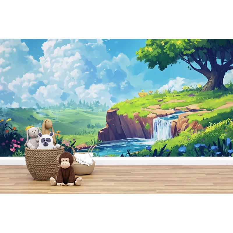 Murale de chambre de bébé nature fantaisiste - papier peint paysage d'arbre de forêt - décoration murale de chambre de bébé - toile de fond de lit de bébé