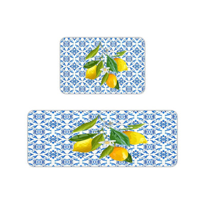 Blue White Tile Lemon Kitchen Mats,2 PC,Coastal Decor For Kitchen & Dining Area