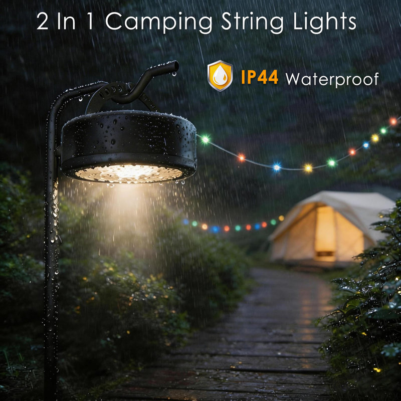 Solar Rechargeable RGB 3-in-1 Camping Rope Light with LED Panel & Flashlight, 33FT 100 LEDs, IP65 Waterproof, RGB