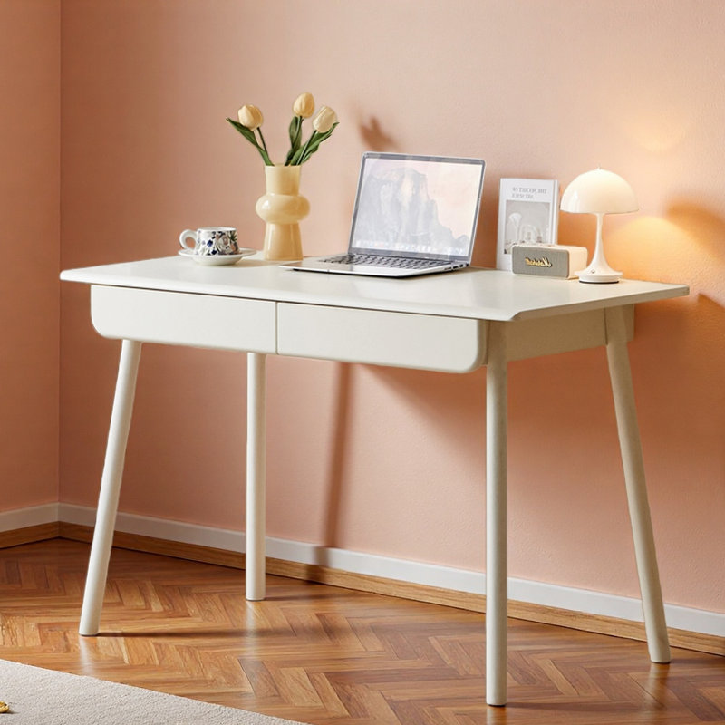 Bureau arrondi en bois massif de couleur crème, H 29,52 po x l 47,24 po x P 21,65 po