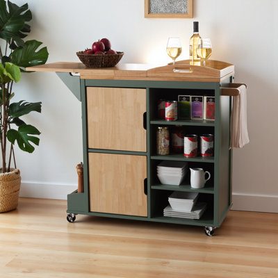 Arysta Coastal And Farmhouse Two-Tone Dark Green And Natural Wood Kitchen Storage Cart by Hokku Designs