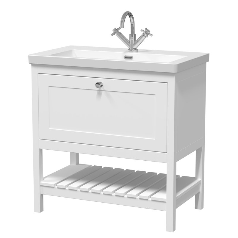Old London Bexley 600mm Fern Green 1 Drawer Floor Standing Vanity Unit With 1 Tap Hole Contemporary Fireclay Basin, 81.3cm W