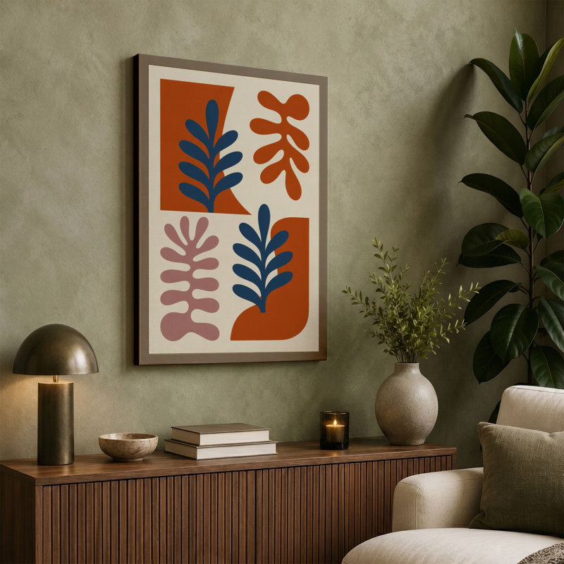 Geometric Leaf Grid Mid-Century - Wrapped Canvas, 18x12 - 45.7 x 30.5 cm, Taupe Border