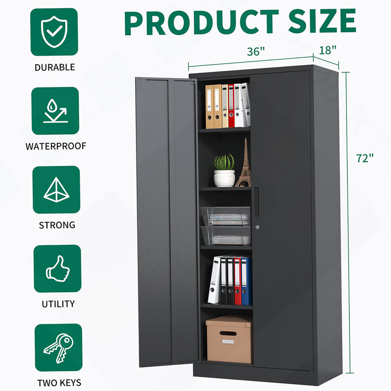 Armoire de rangement en métal 72 po H, armoire verrouillable en acier noir avec portes et 4 tablettes, armoires hautes