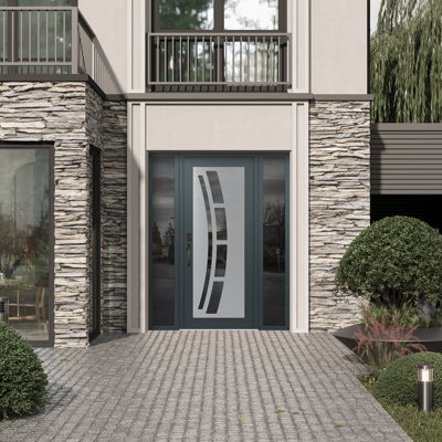 C12 à droite 68 po X 80 po Panneau d'entrée en verre argenté anthracite et gris anthracite avec 2 portes latérales en verre