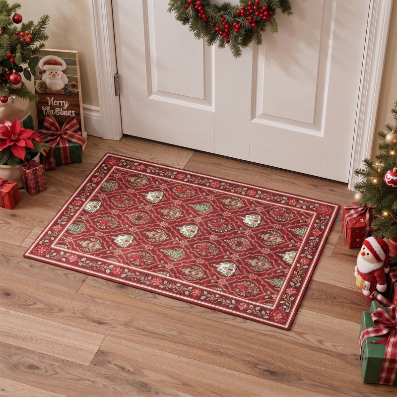 Tapis de salon lavable à poils courts, motif animaux de Noël cardinaux et lanternes, rouge et vert, Rectangulaire 2 pi x 3 pi