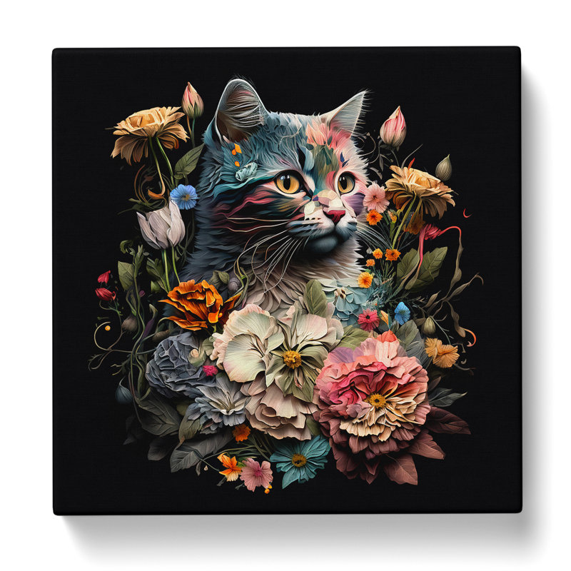 Cat Floral No.1 - Wrapped Canvas, 35cm H x 35cm W x 3cm D