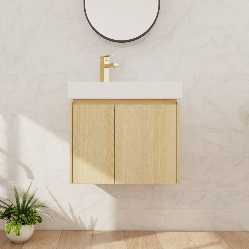 Meuble-lavabo mural simple 24 po avec lavabo en céramique, meuble-lavabo mural 2 portes, Beige