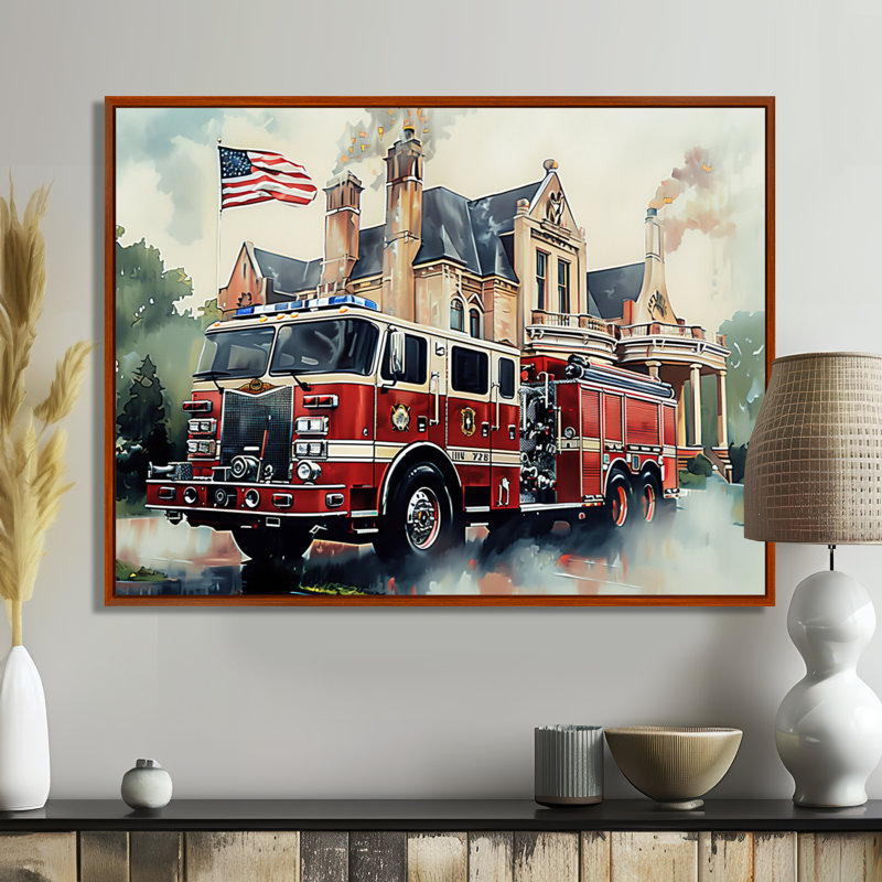 «Fire Truck In The Hamptons I», impression d'art mural pompier, Métal métal, H 16 po x l 32 po x P 1 po