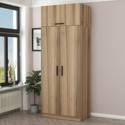 Modern Wardrobe, Oak Color, 35.4 x 92.5 x 20.5 inches | 100% Melamine Coated Particle Board, Thickness: 0.7 inches | 5 kg Shelf Capacity, Sleek Design for Stylish Storage Solutions in Any Bedroom