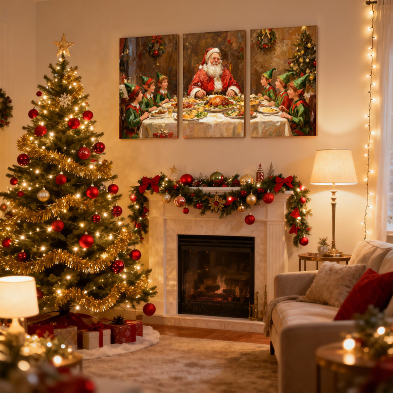Ensemble de 3 impressions sur toile de Noël, père Noël et elfes au dîner, H 30 po x l 60 po