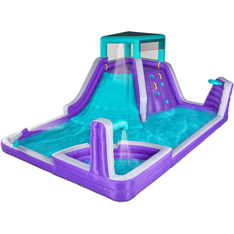 Sunny & Fun Purple Inflatable Water Slide Park with Climbing Wall and Pool