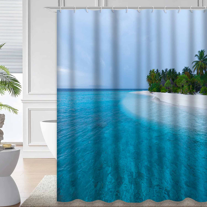 Paysage, plage tropicale, palmiers, Asie, bleu vif avec 12 crochets, 72" L x 84" W