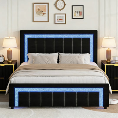 Ensemble de lit plateforme en velours capitonné à DEL avec velours moderne 2 pièces DEL - Suite de chambre à coucher lumineuse 3 pièces