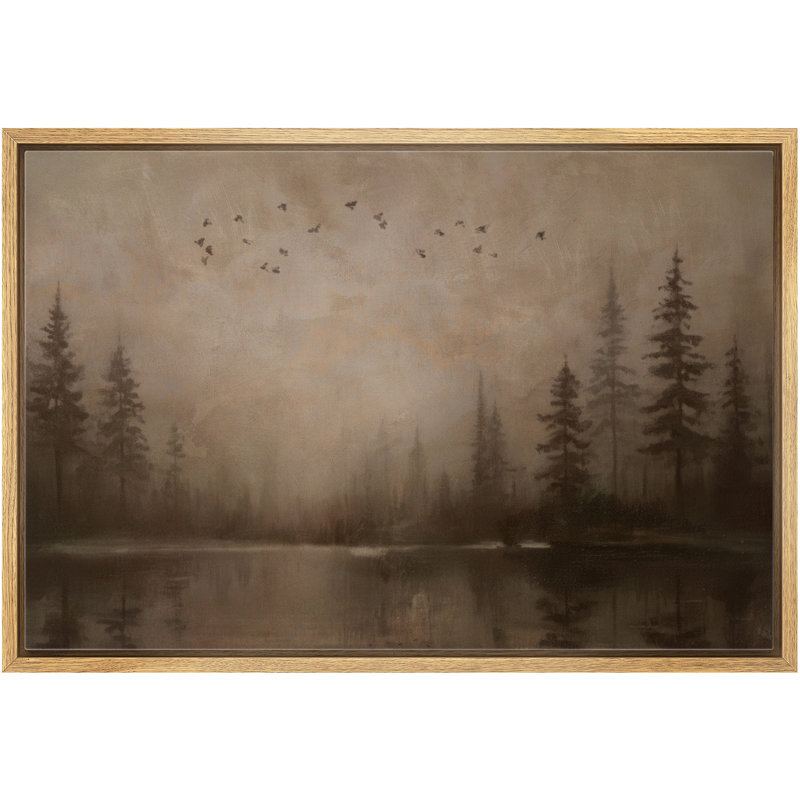 «Misty Forest Lake Scene with Flying Birds», reproduction d'art sur toile encadrée, H 24 po x l 36 po x P 1,5 po, Naturel