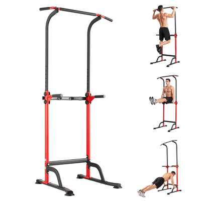 Heavy Duty Power Tower Home Gym, Adjustable Pull Up Station with Dip Bars, Multi-Function Workout Rack for Chin Ups & Knee Raises, Red