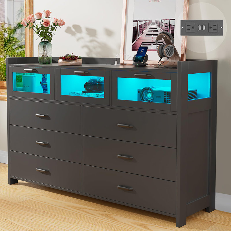 Jerral 6 - Drawer Dresser with Power Outlet & LED Light, Chest Of Drawers with Visual Storage Space, Black
