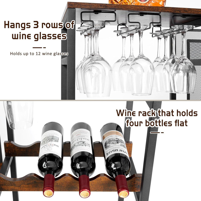 Mini Bar Table  3-Tier Trapezoidal Liquor Bottle Display Shelf with Glass Holder and Fences