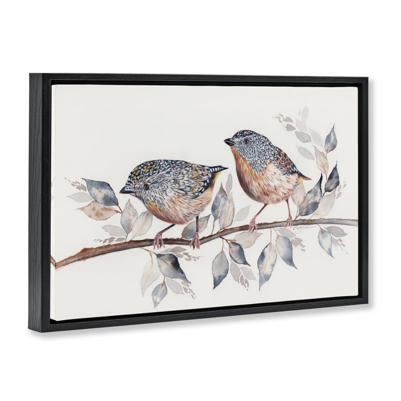 Paire d'oiseaux mouchetés sur un cadre flottant branche, design par Cady, Cadre flottant noir de jais, H 17 po x l 25 po