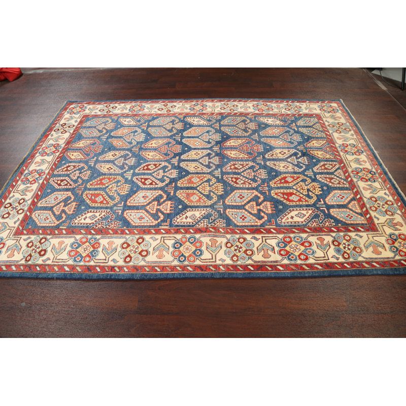 Tapis bleu noué à la main de conception unique 5 pi 11 po x 8 pi 8 po