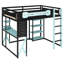 Lit mezzanine double en bois avec bureau, tablettes, ports USB et de type C, prise de courant et lumière RVB, noir et bleu-1374592643
