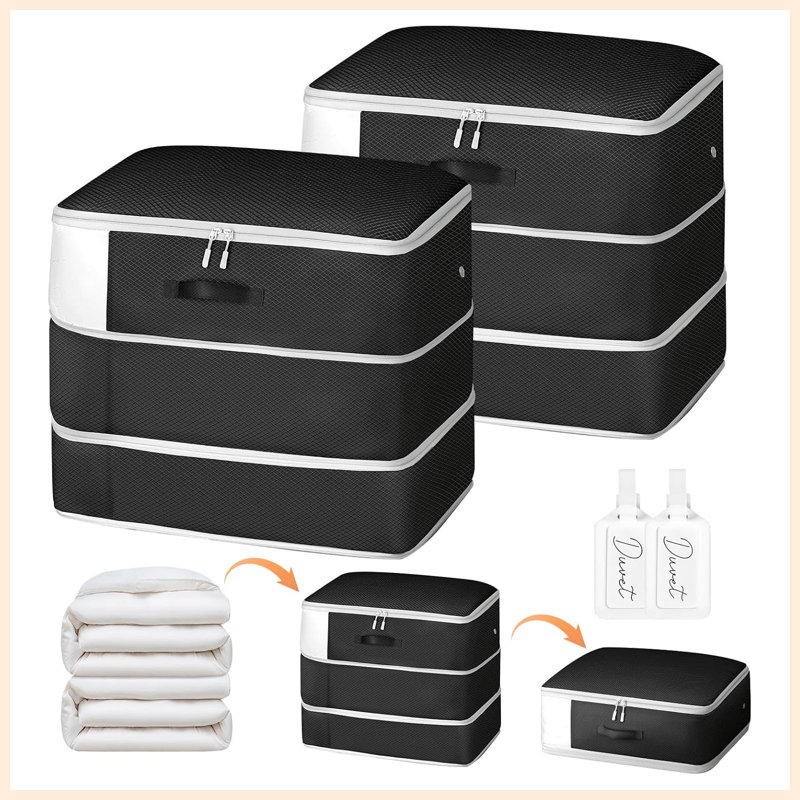 2 Pack Self Compression Comforter Storage Bag, Large Capacity 3-Layer Washable Blanket Organizer