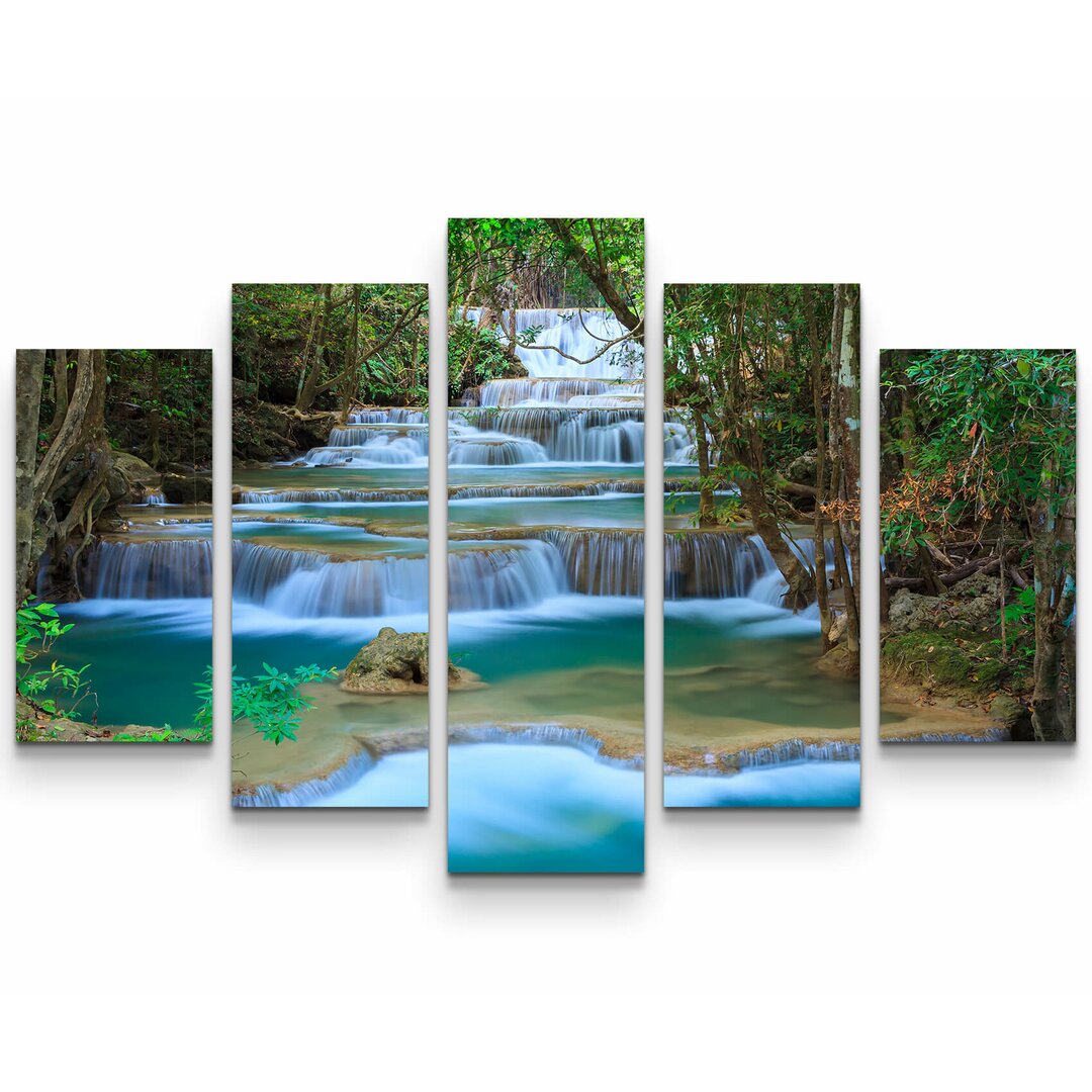 5-tlg. Leinwandbilder-Set Traumhafter Wasserfall im Wald - Thailand