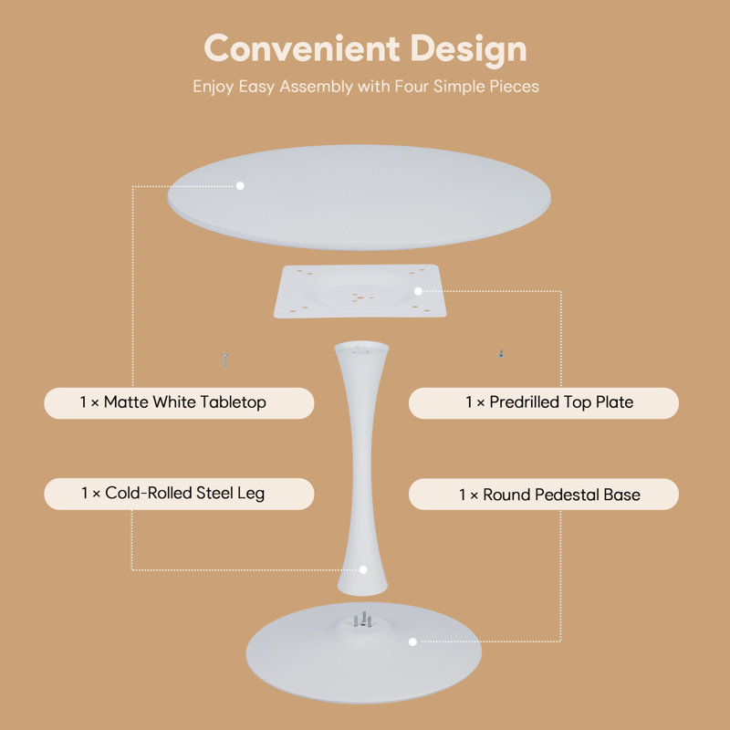 Amelia-Lillie Round Pedestal Dining Table, White, White, 28.74" H x 31.5" L x 31.5" W