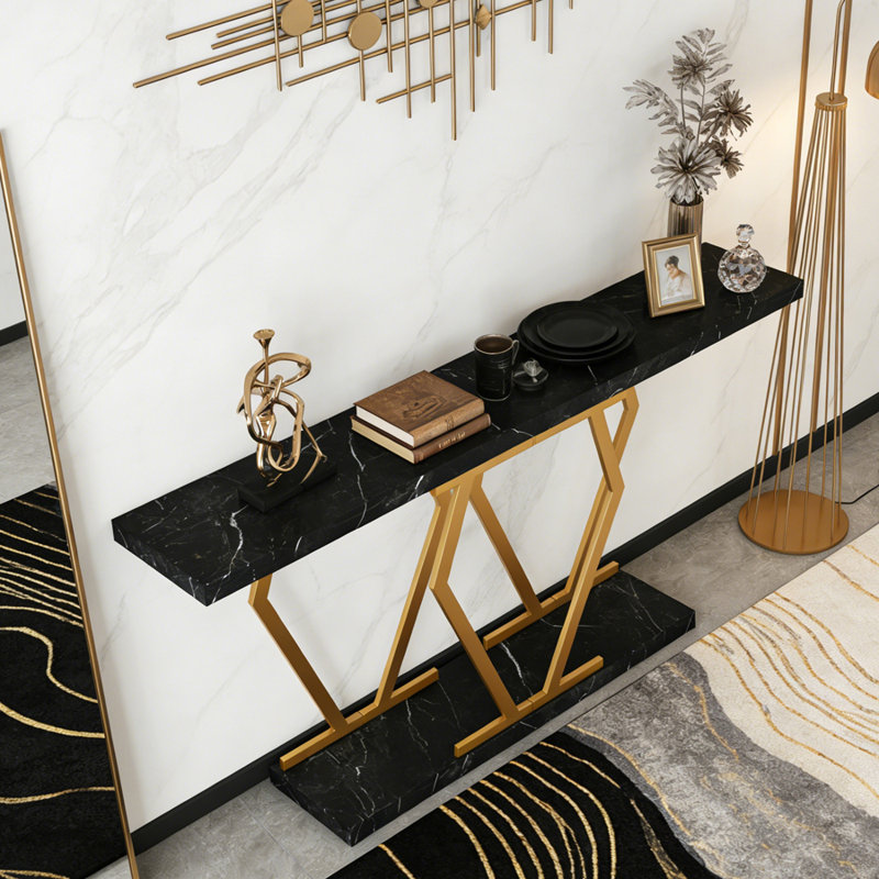 Modern Console Table Sofa Table with Faux Marble Tabletop, Black Gold