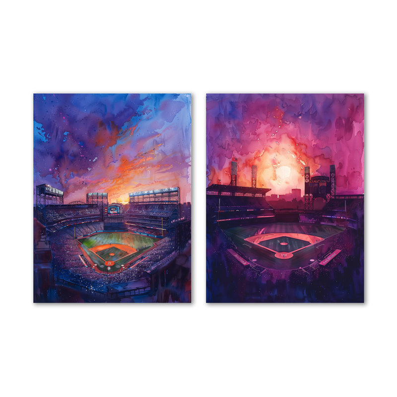 Stade de baseball mauve orange - nuit I - ensemble de 2 décorations murales en métal, 32" H x 48" W