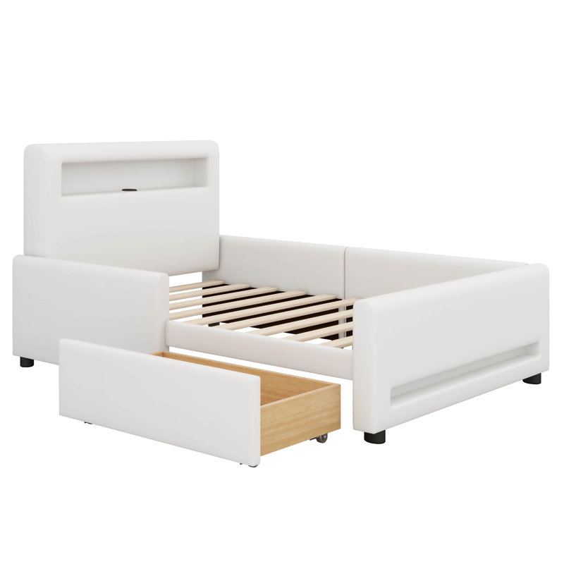 Structure de lit tapissier avec tiroir, lit plateforme en similicuir avec lumières DEL et ports USB, Blanc
