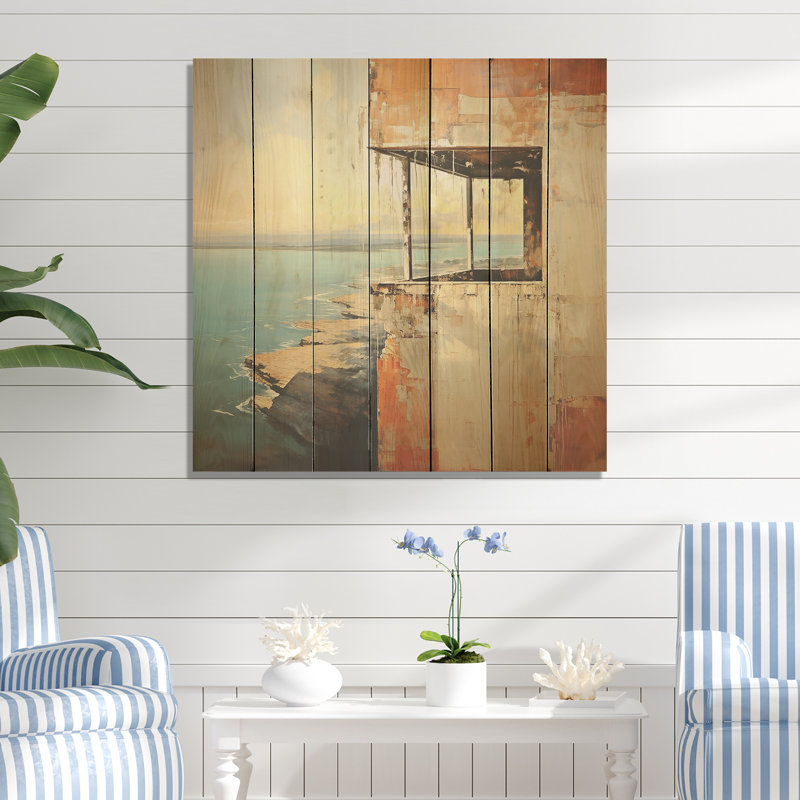 Minimalist Coastal Cliffside Architecture - Coastal Windows On Wood Print, 25" H x 25" W