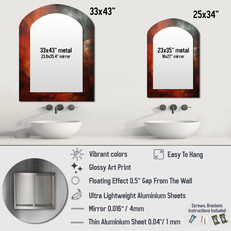 Maroon Mars Mystery Planet I - Our Solar System Asymmetrical Large Mirror, Red Arch Unique Wall Mirror Decor, Printed Metal Art