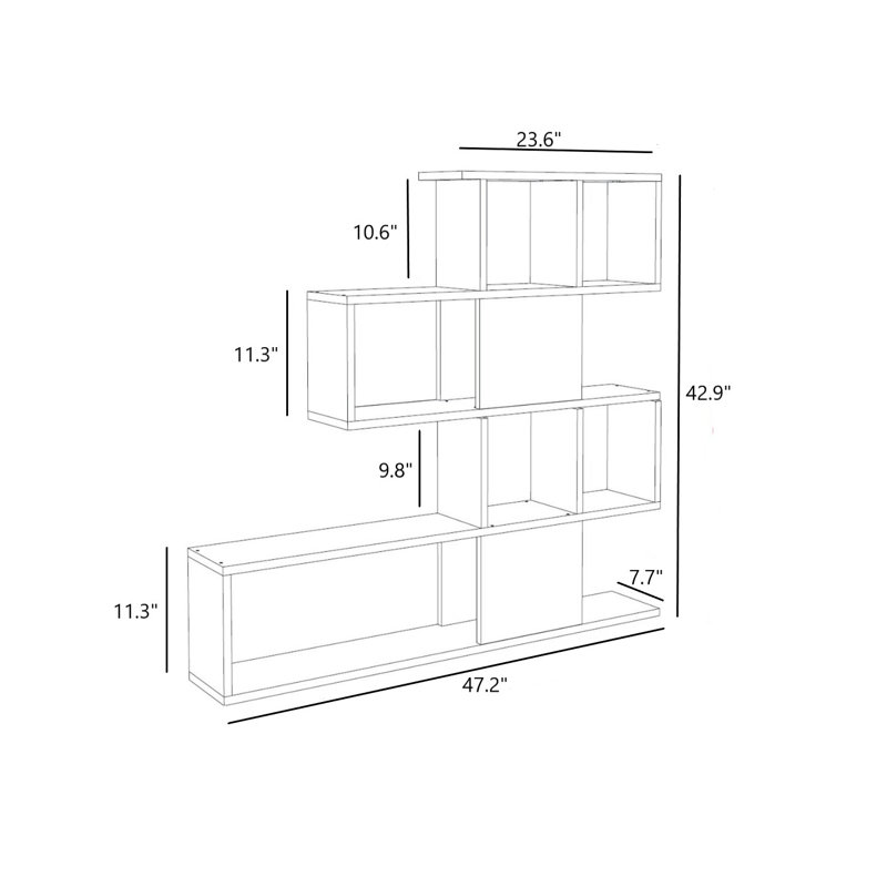 Bibliothèque murale moderne, blanc et noyer | Panneau de particules 100% enduit de mélamine, 47,2 po x 42,9 po x 7,7 po | Nombreuses tablettes, tablette supérieure de 23,6 po de largeur et 11,3 po de hauteur | Solution de rangement élégante pour la maison et le bureau