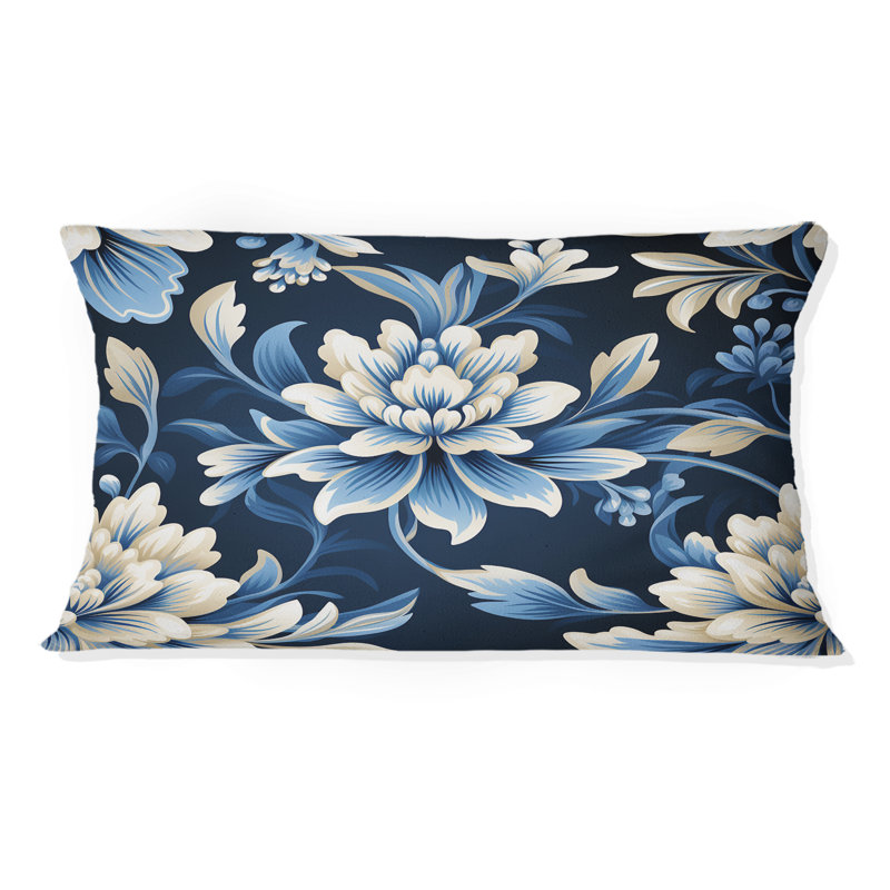 Coussin décoratif blanc et bleu à motif damassé symétrique