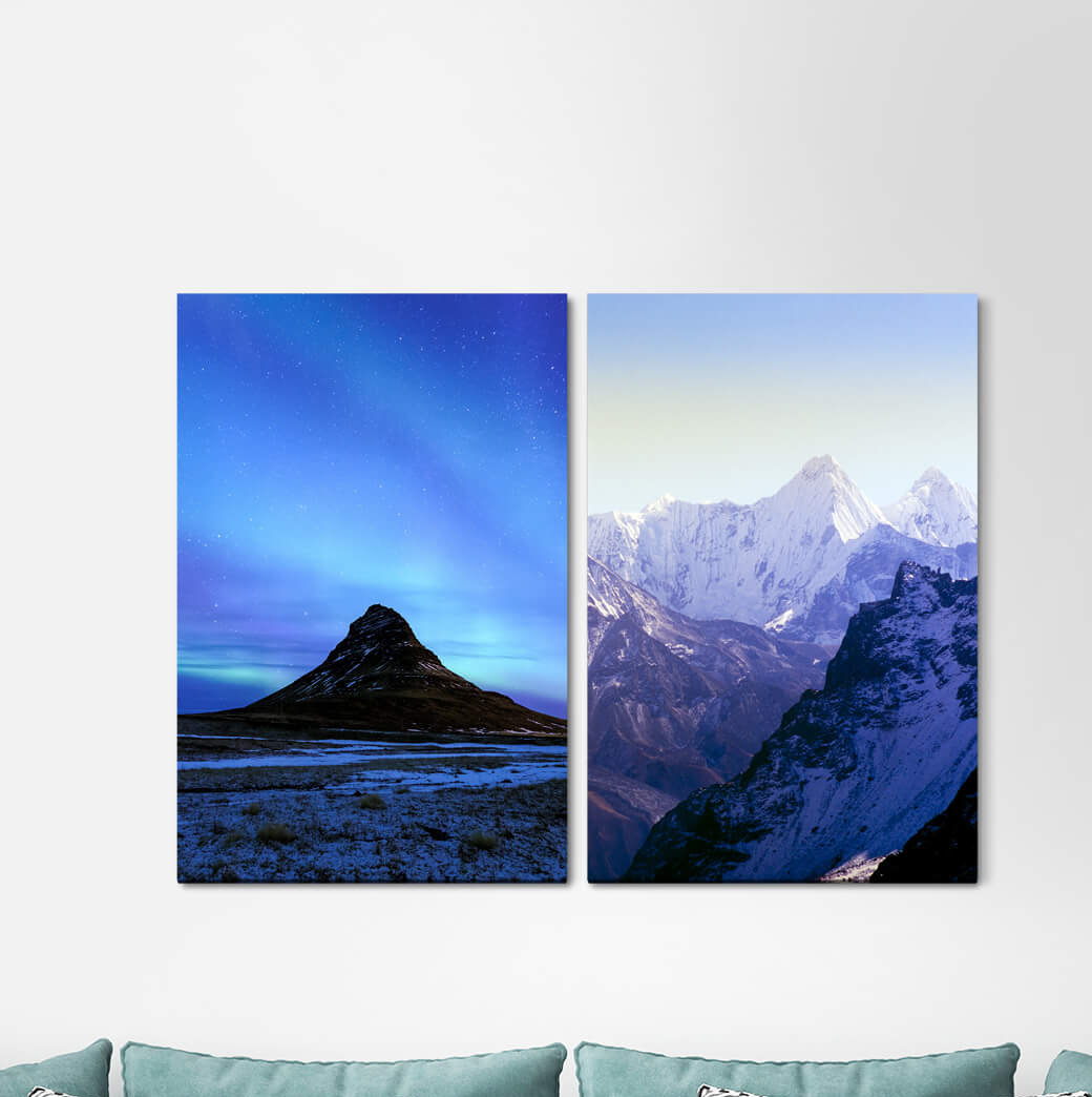 2-tlg. Leinwandbilder-Set Berge Himalaya Aurora Borealis Schneegipfel Majestätische Stille